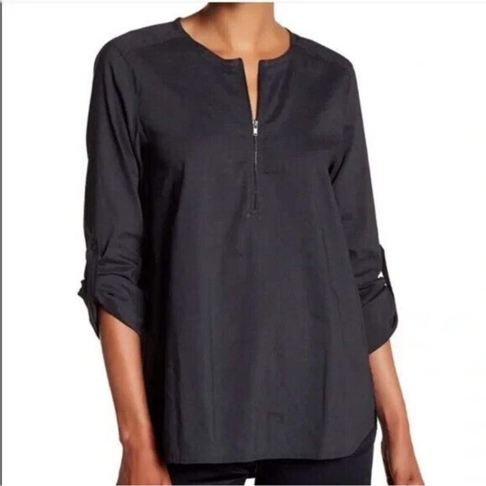 Eileen Fisher Graphite Linen Blend Half Zip Roll Sleeve Top